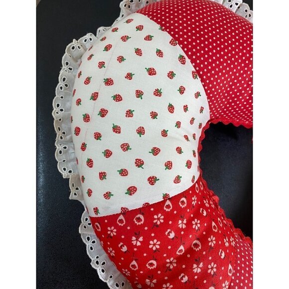 Vintage Handmade Patchwork Heart Pillow Strawberries Patch Love Ruffles 17” - Picture 2 of 9